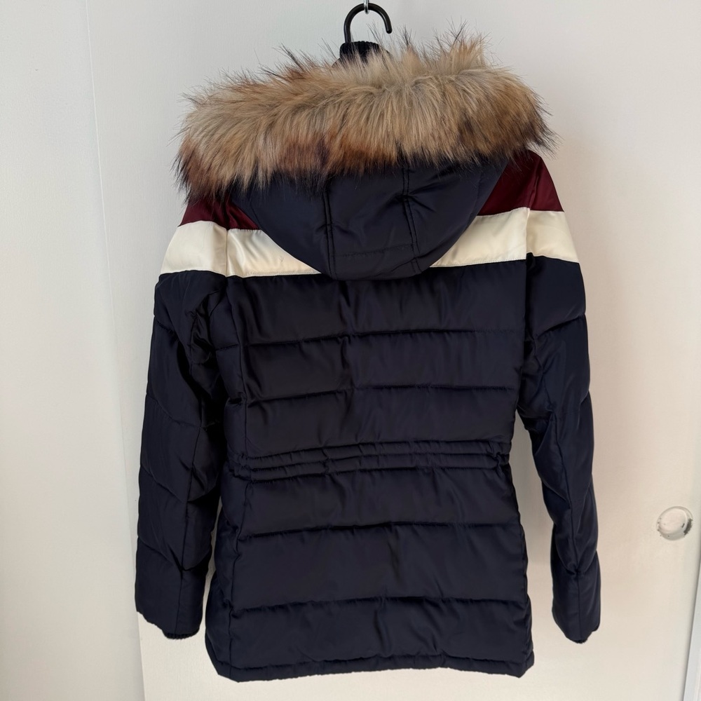 Chevron Colorblock Puffer Jacket with Faux Fur Trim Hood - Picture 5 of 15